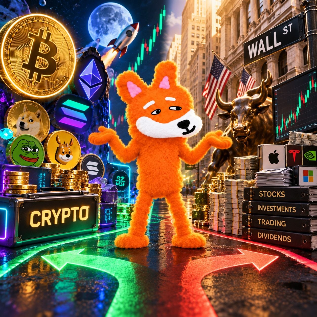 Stupidinu at Wall Street surrounded by crypto coins, market charts, and a bull