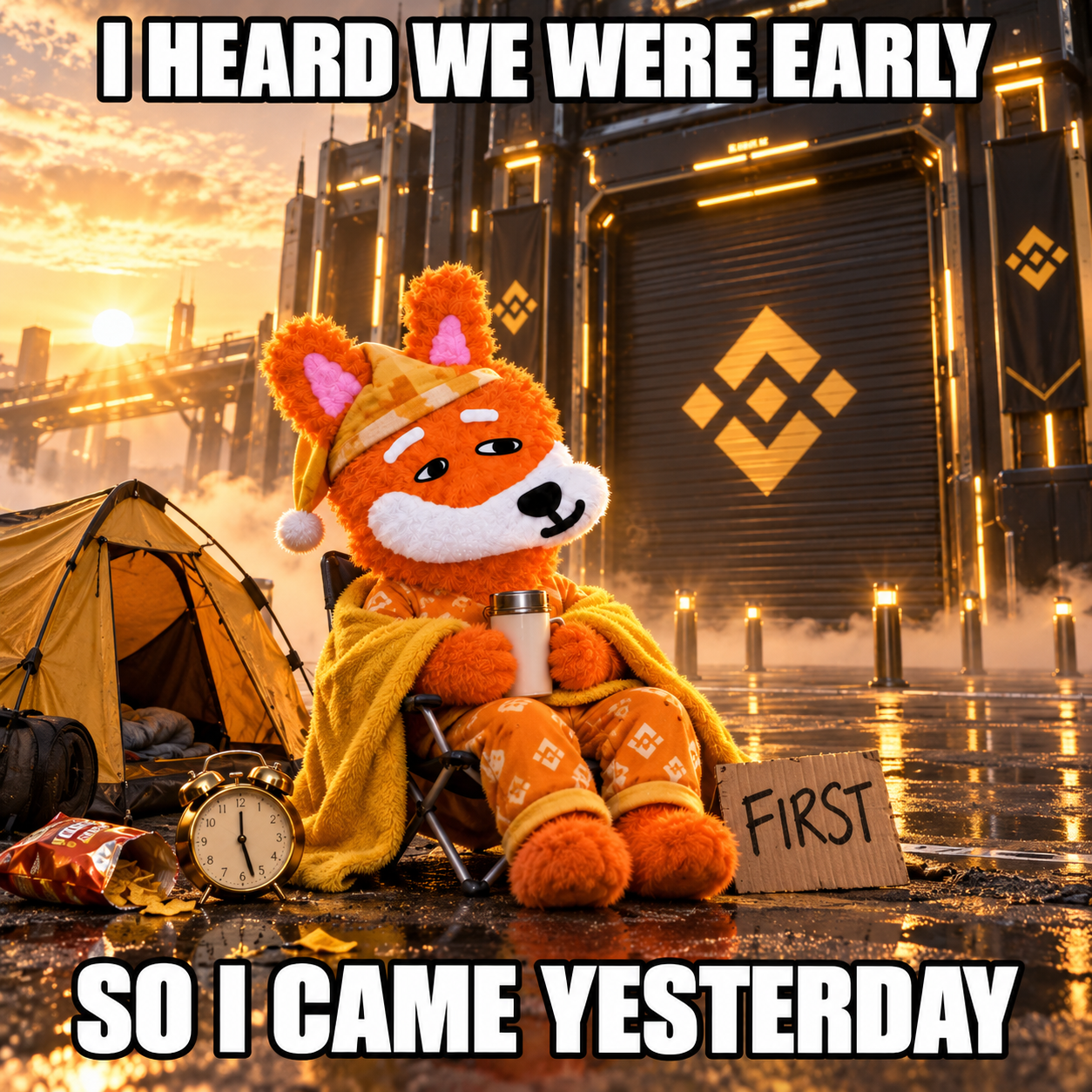 Stupidinu camping in front of a BNB building after arriving early yesterday