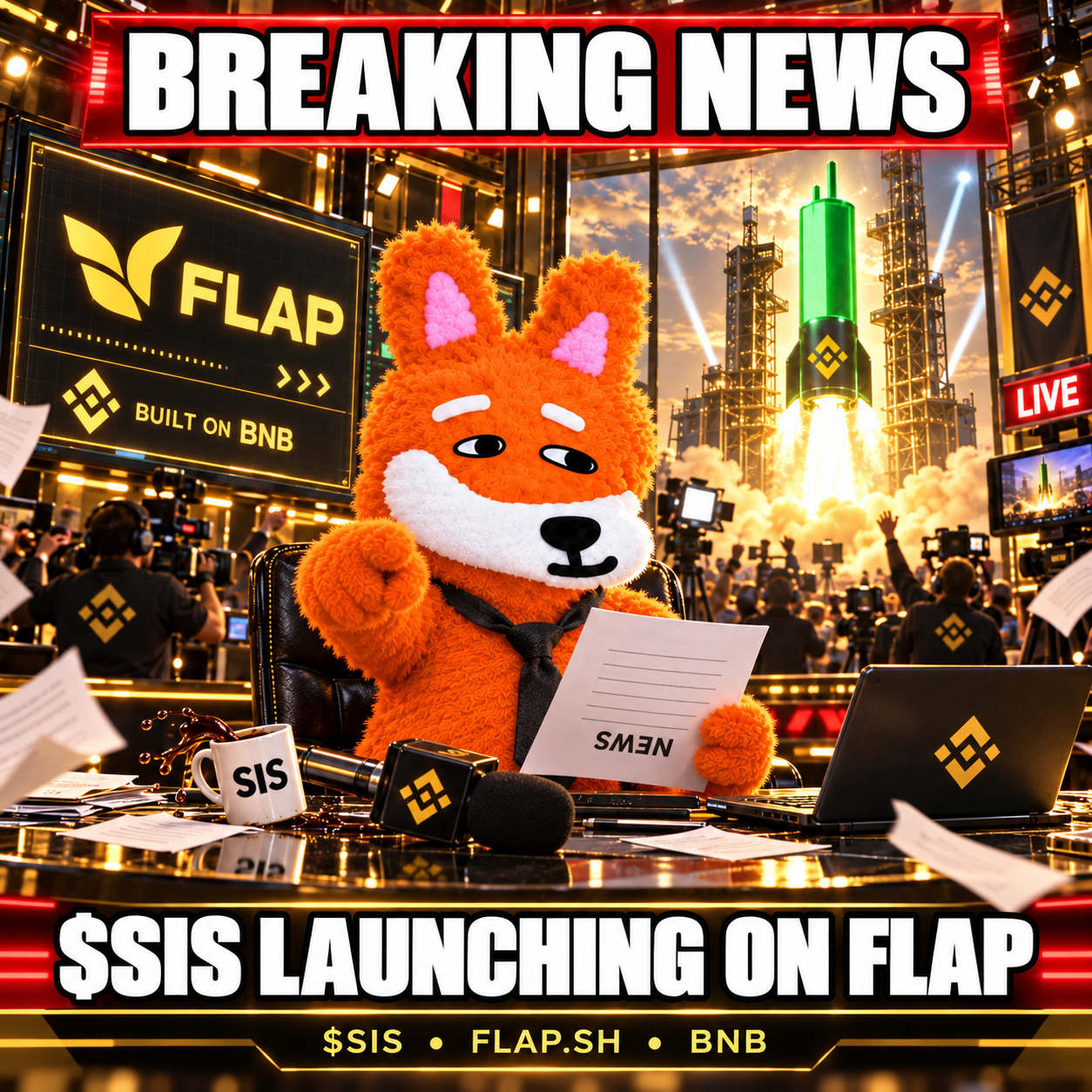 Breaking News artwork showing Stupidinu reporting that SIS is launching on Flap