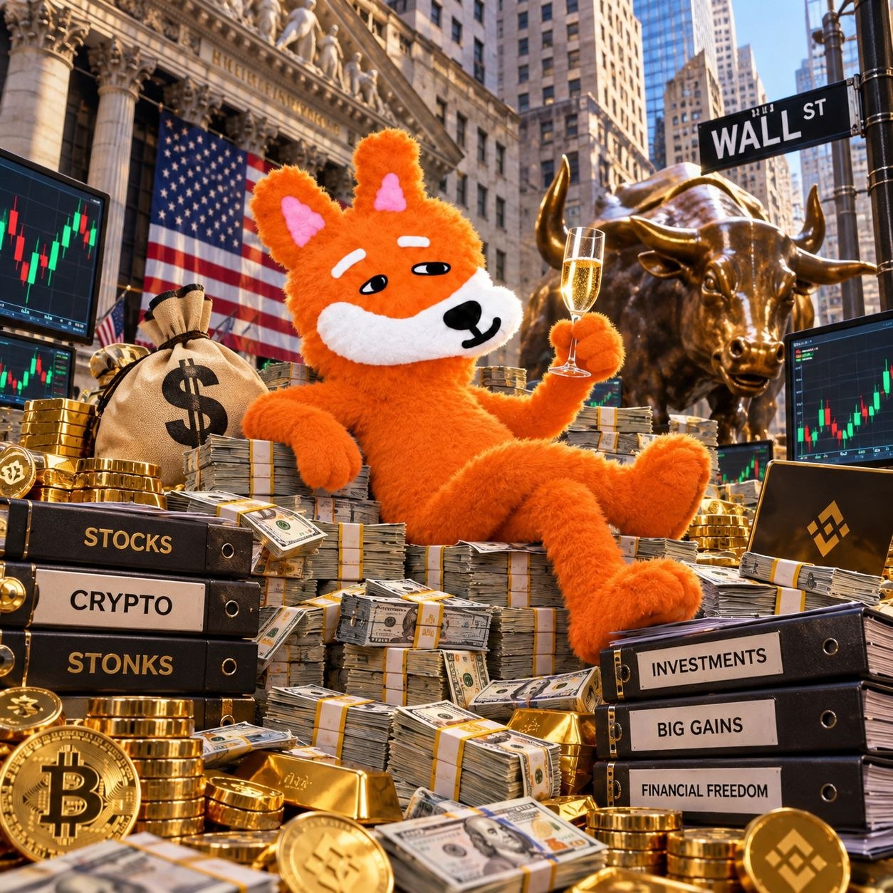 Stupidinu celebrating at Wall Street surrounded by a bull, charts, crypto coins, and cash