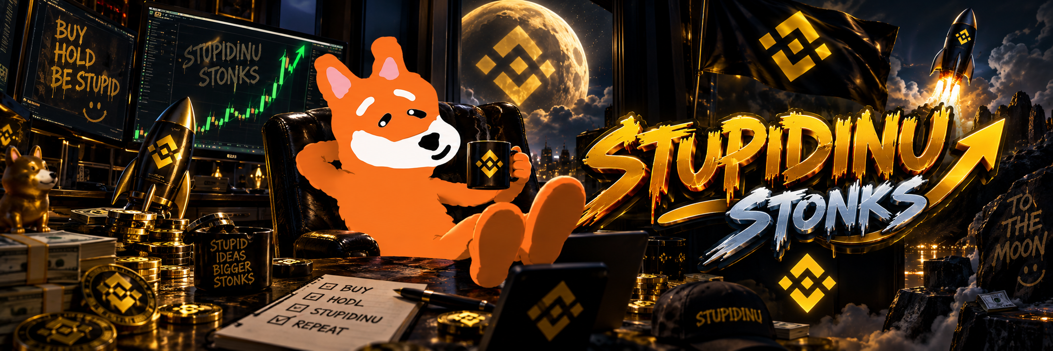 Full Stupidinu Stonks artwork: orange dog relaxing with a BNB mug amid rockets, coins, moon and Stupidinu signage